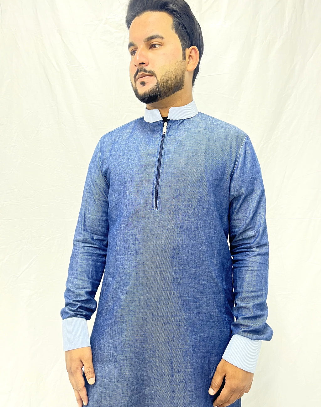 Denim Blue Collar Jubba with front Zip
