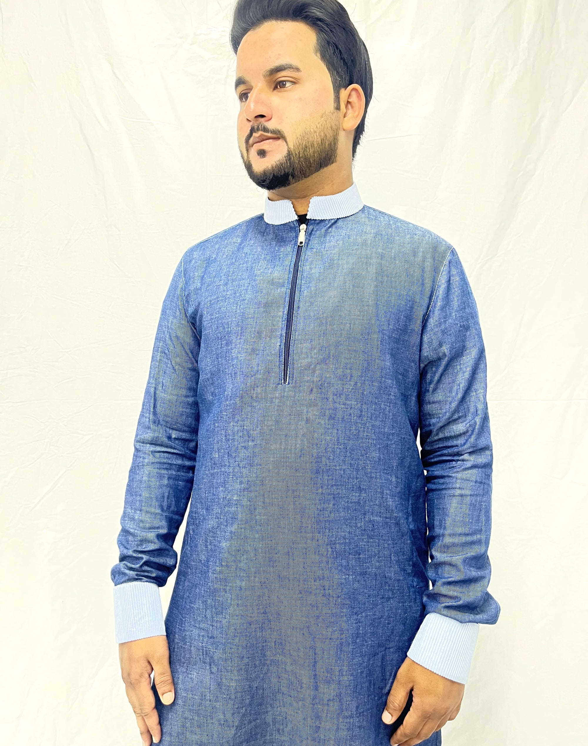 Denim Blue Collar Jubba with front Zip