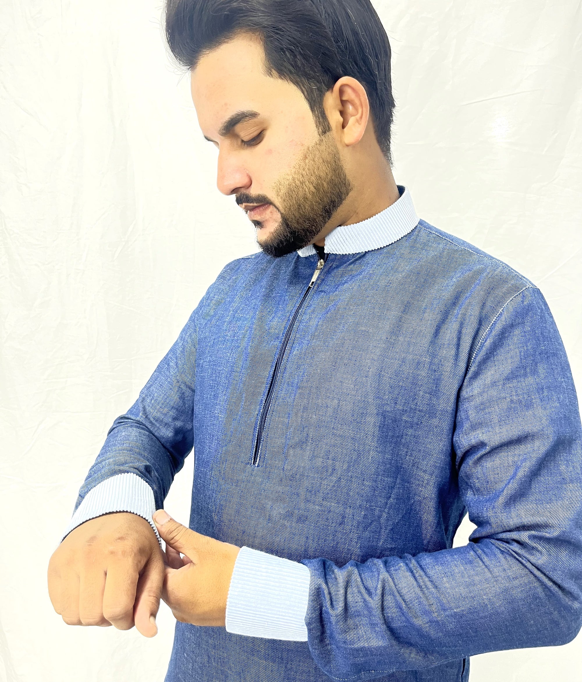 Denim Blue Collar Jubba with front Zip