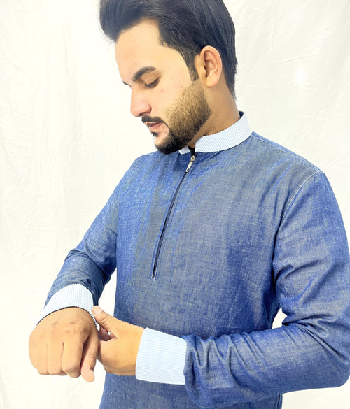 Denim Blue Collar Jubba with front Zip