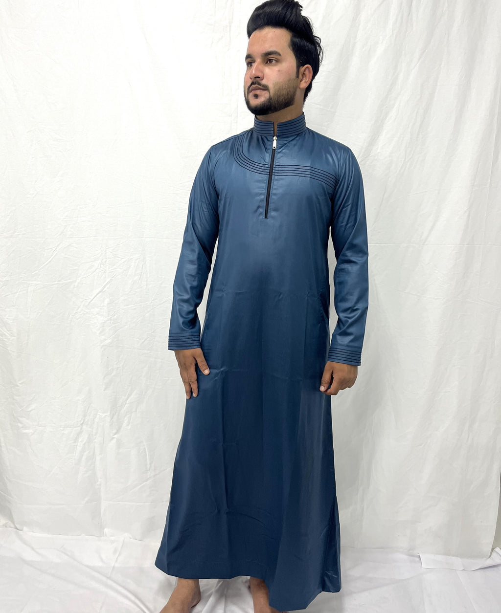 Steel Blue Gloss Finish Jubba with Chest Pattern