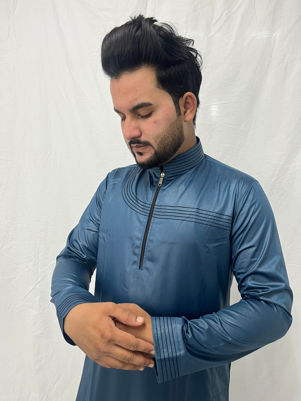 Steel Blue Gloss Finish Jubba with Chest Pattern
