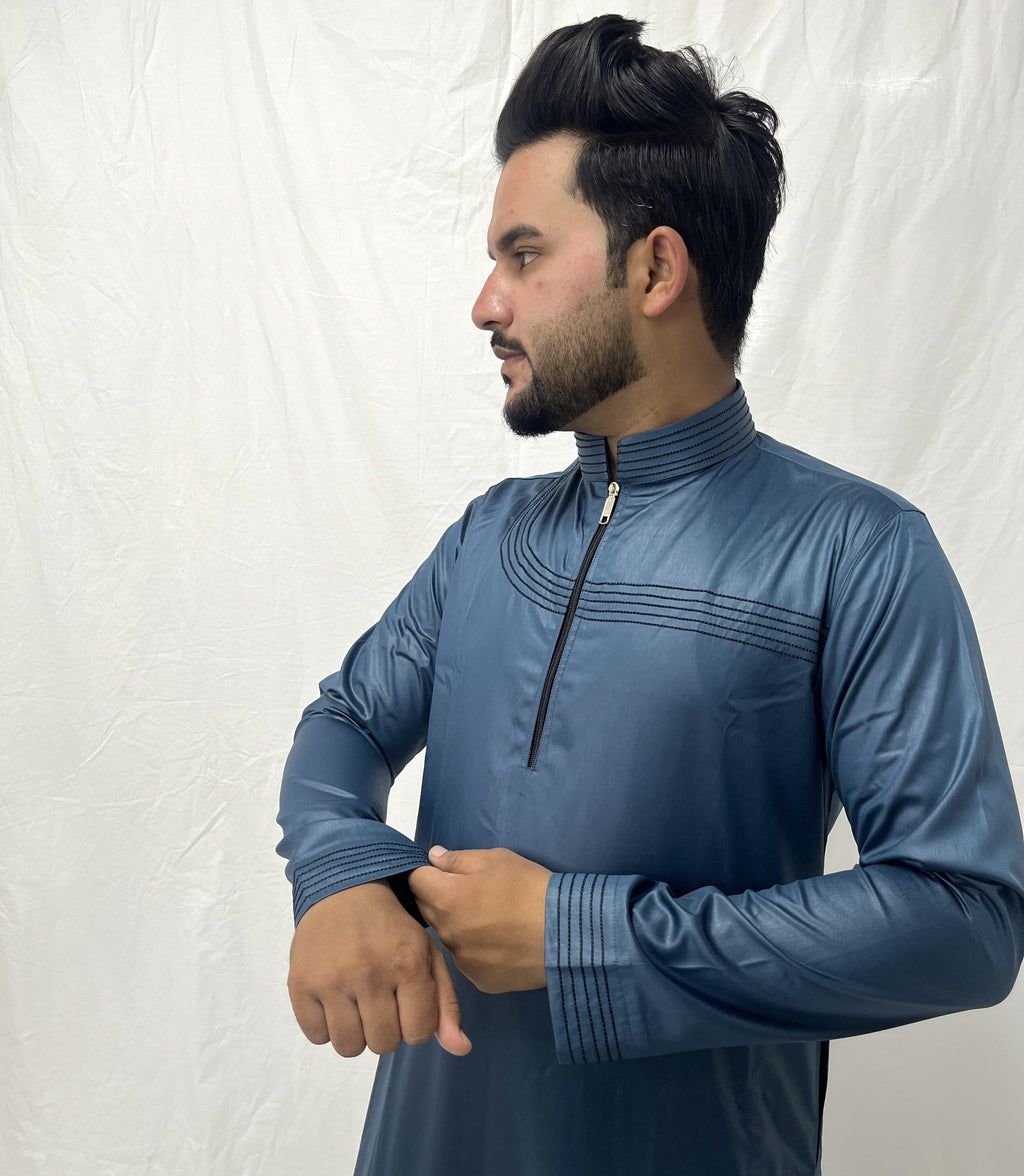 Steel Blue Gloss Finish Jubba with Chest Pattern