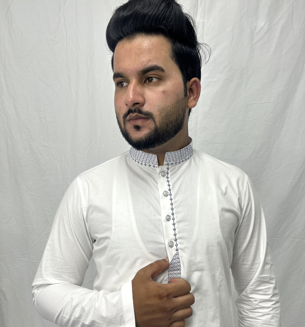 White embroidery kurta with ban collar embroidery
