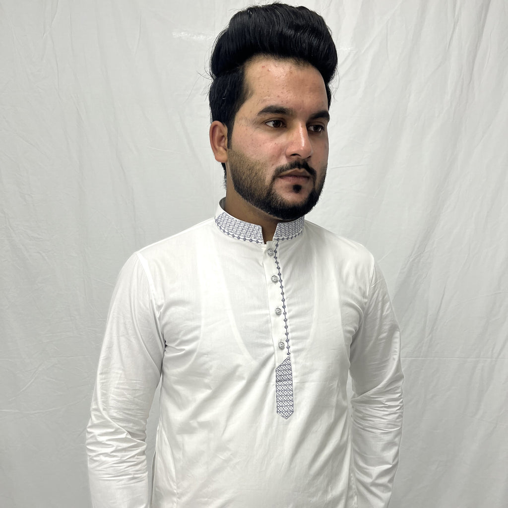 White embroidery kurta with ban collar embroidery