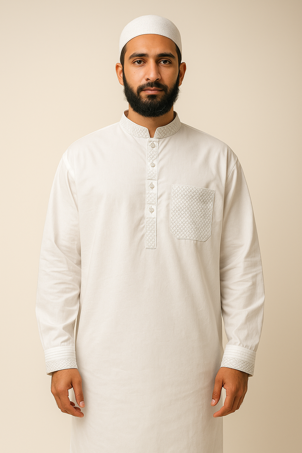 Elegant White Cotton Kurta with Subtle Embroidery – Al Barkaat Exclusive